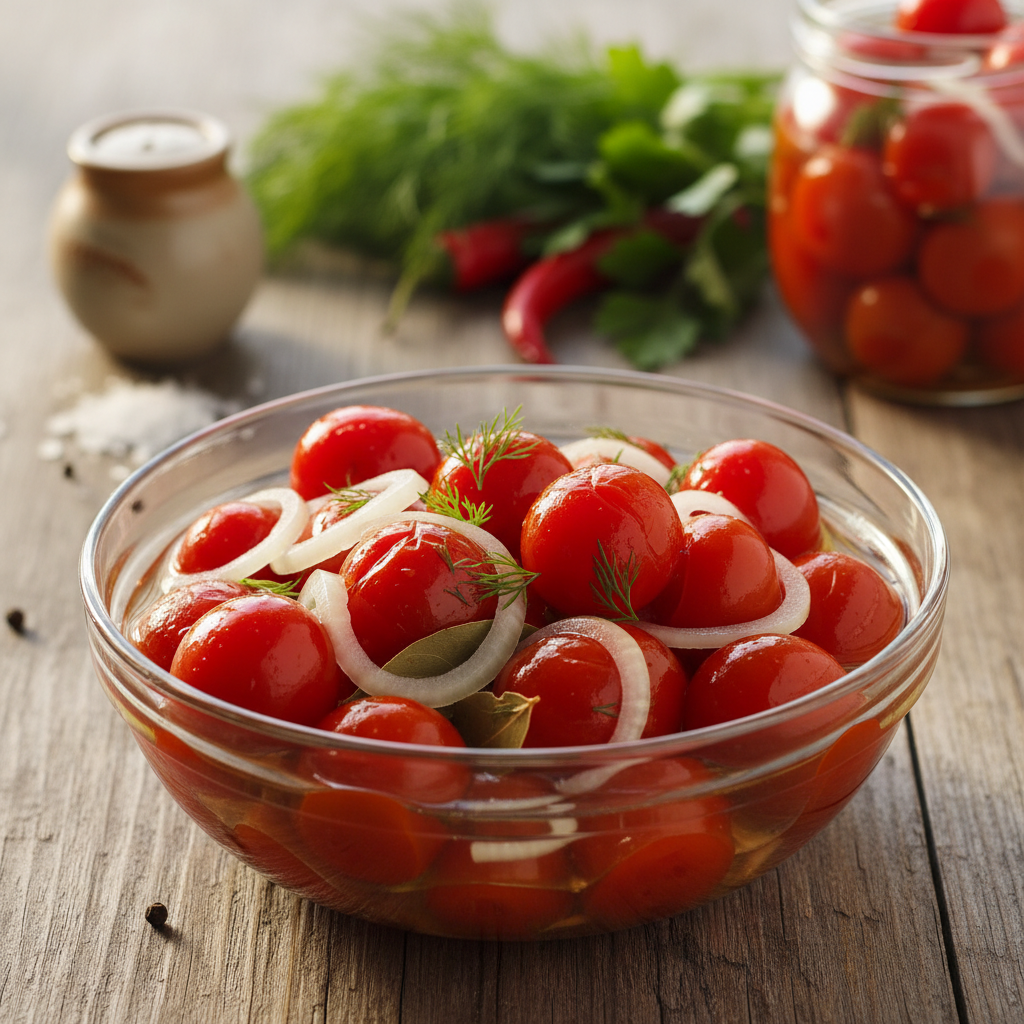 Lengvas ir skanus marinuotų pomidorų su svogūnais receptas vasarai