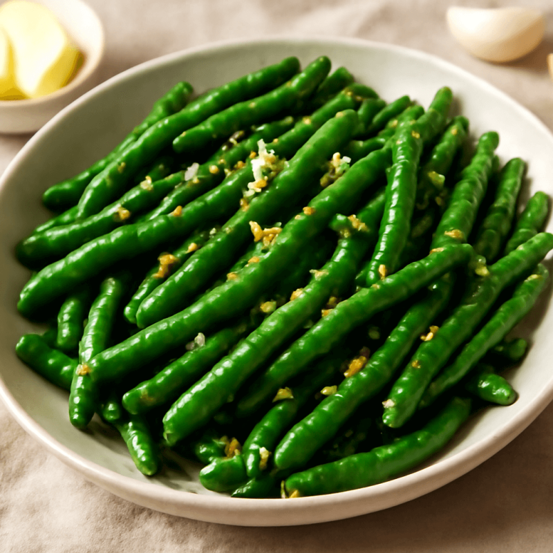 Lengvas šparaginių pupelių receptas su sviestu ir česnaku