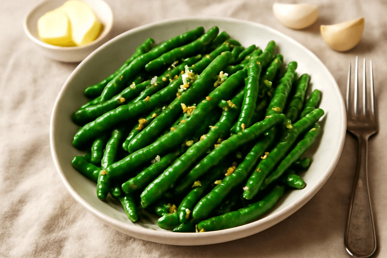 Lengvas šparaginių pupelių receptas su sviestu ir česnaku