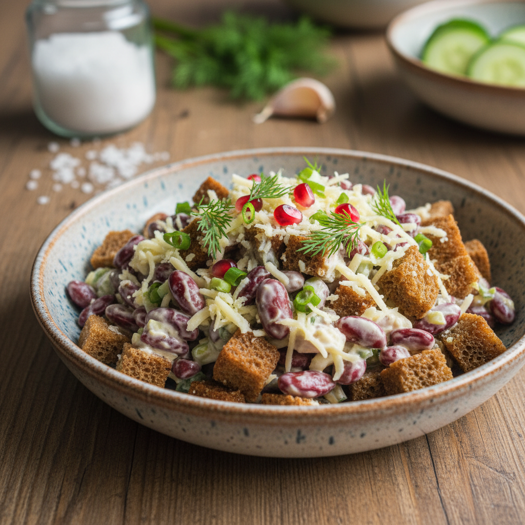 Keptos duonos mišrainė, kurios recepto prašys visi