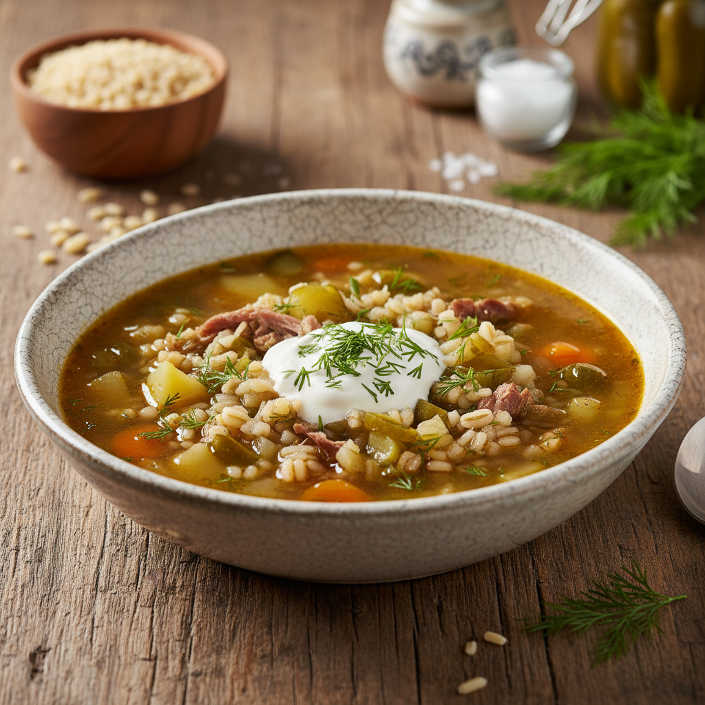 Perlinių kruopų sriuba su agurkais: vaikystės klasika