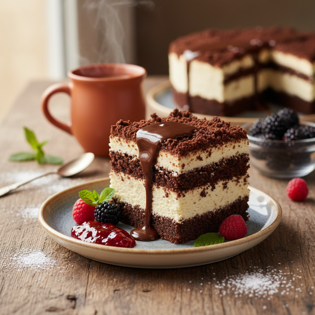 Tirpstantis burnoje: drėgnas kakavinis varškės pyragas