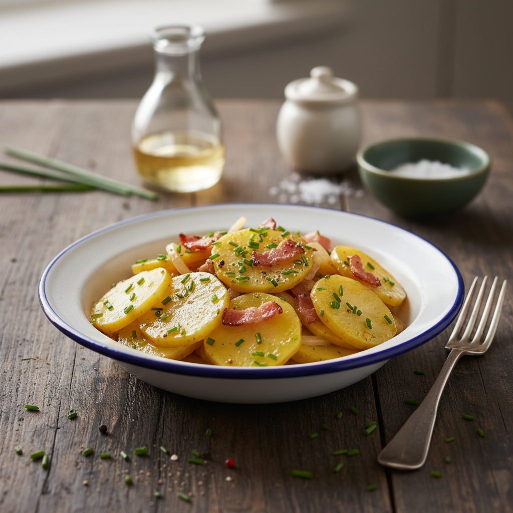 Vokiškos bulvių salotos su šonine: klasikinis receptas