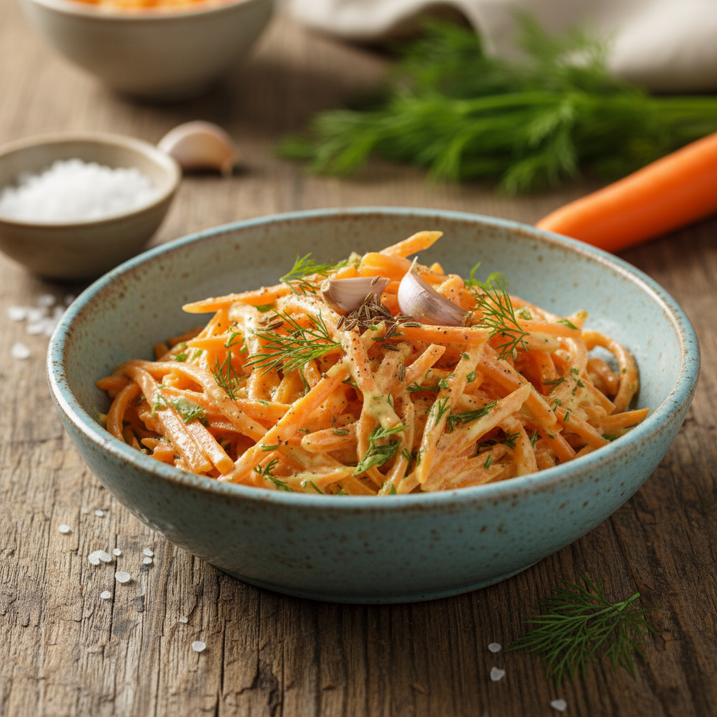 Pikantiškos morkų salotos su česnaku: garnyras prie mėsos