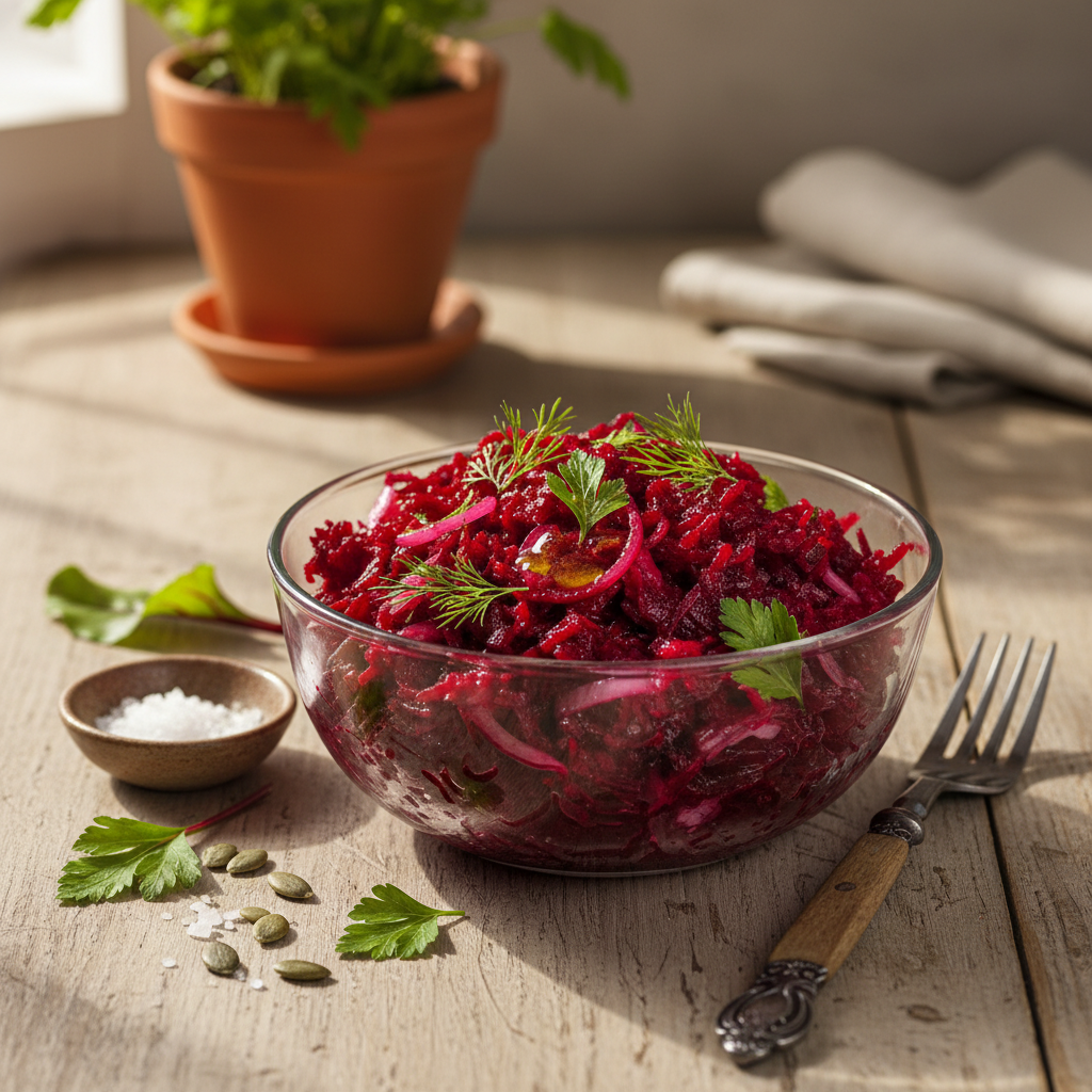 Tobulas garnyras: virtų burokėlių salotos su aliejumi