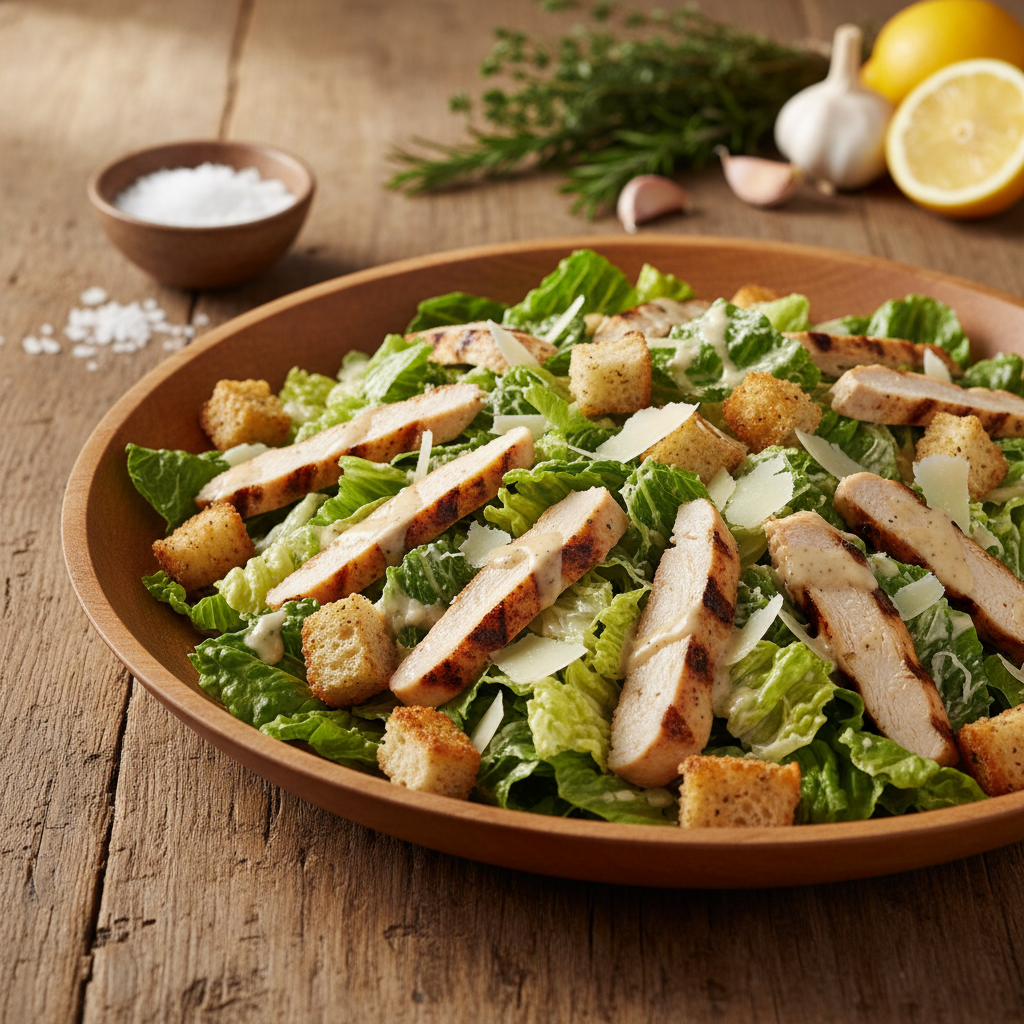 Tobulos Cezario salotos su vištiena: receptas namuose