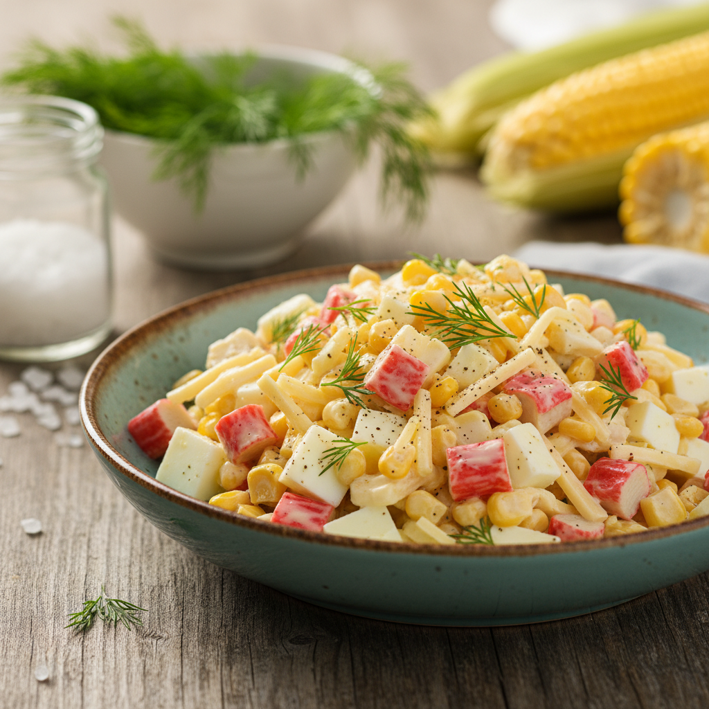 Tobulos krabų lazdelių salotos su sūriu: paruošite greitai